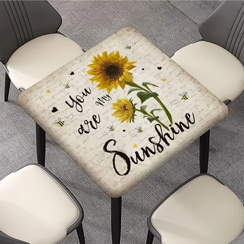 Miniatura 3 de Mantel cuadrado ajustable con estampado de girasoles, borde elástico, "You are My Sunshine", se adapta a 36x36 pulgadas, mantel de poliéster lavable