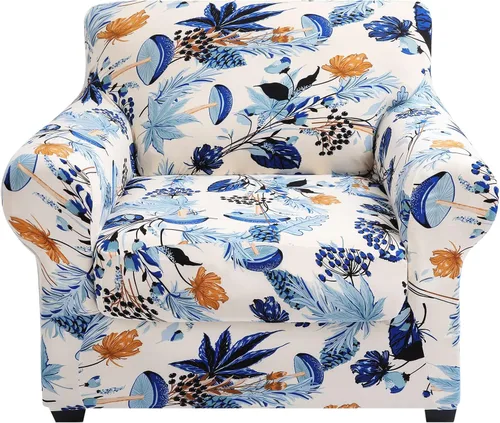 Miniatura 32 de hyha Funda para sofá, diseño floral, elástica, estampada, 4 piezas, fundas para sofá de 3 cojines separados, protector de muebles lavable para Azul