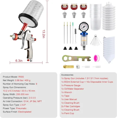 Miniatura 7 de SRQ R500 LVLP Kit de pistola de pulverización, incluye taza mezcladora de 22.0 fl oz y 10 vasos desechables, kit de pistola de pulverización 10