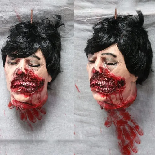 Miniatura 19 de RiceelSor Decoración colgante de cabeza dividida para Halloween, diseño de cadáver sangriento, de terror, de tamaño real, con peluca, disfraz