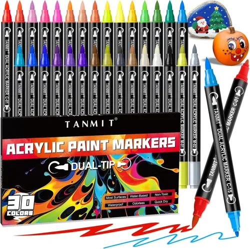 Marcadores de pintura acrílica de 30 colores, rotuladores de pintura acrílica de doble punta con punta fina y punta de pincel para pintura en roca,