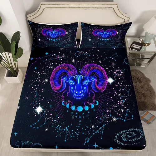 Erosebridal Aries - Sábanas bajeras de nebulosa hippie tamaño individual, sábanas psicodélicas de astrología del zodiaco psicodélico, funda de cama