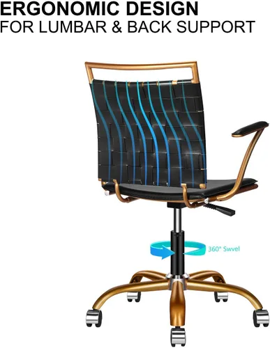 Miniatura 4 de Silla de escritorio negra y dorada, silla giratoria ergonómica de escritorio para computadora con brazos, silla ergonómica de cuero negro