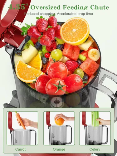 Miniatura 5 de Máquinas exprimidoras, exprimidor de prensa en frío para verduras y frutas enteras, exprimidor de masticación lenta con canal de alimentación ancho