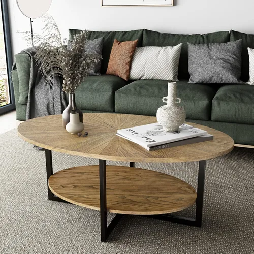 Miniatura 3 de Mesa de Centro Ovalada de Madera Maciza con Patas de Metal Cruzadas, Mesa Central Industrial Moderna de 43.3 Pulgadas con Estante Abierto Mesa