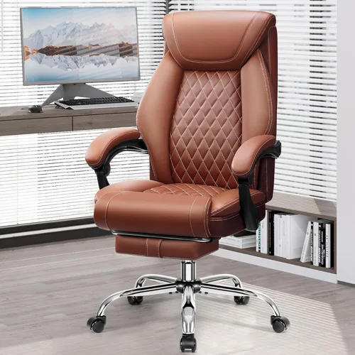Miniatura 13 de Silla de oficina, Silla de escritorio ergonómica de respaldo alto para oficina en casa, Silla de oficina grande y alta de cuero transpirable con Café