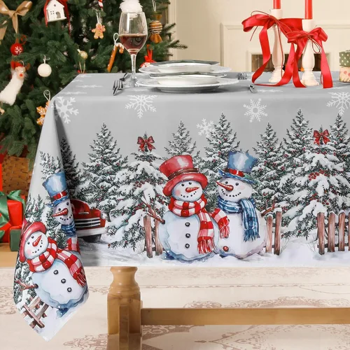 Miniatura 8 de Softalker Mantel Navideño Rectangular 60x102 Pulgadas, Mantel Rojo de Mesa de Invierno Navidad Muñeco de Nieve Camión, Cubierta de Mesa