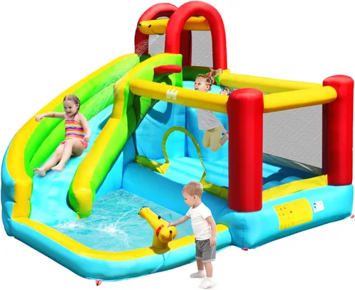 BOUNTECH Castillo inflable para saltar con tobogán acuático, parque acuático 6 en 1 para niños con piscina, toboganes de agua, pared para escalar,