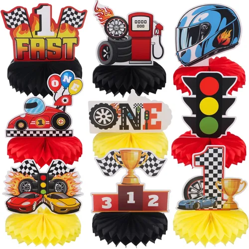 Miniatura 10 de 9 piezas de centro de mesa de auto de carreras de 2º cumpleaños Let's Go Racing Two Fast Birthday Party Decoración de mesa de auto de carreras
