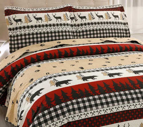 Miniatura 2 de Juego de ropa de cama rústico de tamaño individual, colcha con diseño de cabaña y lodge, edredón de estilo country, colcha a cuadros de búfalo