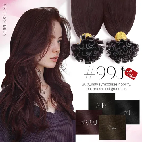 Miniatura 6 de Moresoo Extensiones de cabello humano con punta K de color burdeos, extensiones de cabello humano con punta en U, color rojo oscuro, 22 pulgadas