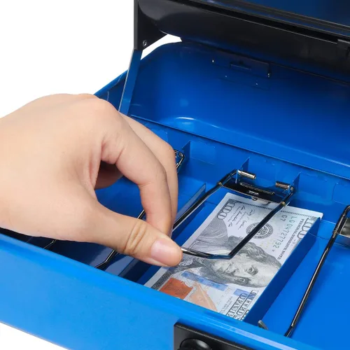 Miniatura 6 de Decaller Caja grande en voladizo con cerradura de combinación, caja de dinero de metal con 5 compartimentos para monedas y 4 clips para billetes