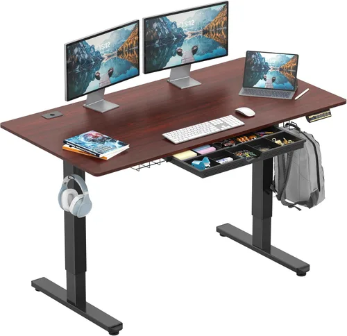 Miniatura 24 de SHW Escritorio eléctrico de pie ajustable de altura de 40 pulgadas con cajón, preajuste de memoria y bandeja de gestión de cables, color marrón