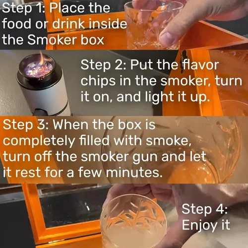 Miniatura 5 de Kit de ahumador de cóctel – Kit de ahumador de whisky con pistola de ahumar, bandeja de alimentos y chips de madera – 6 sabores incluidos – Elegante