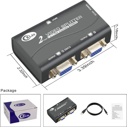 Miniatura 6 de 450MHz Ancho de banda 2 puertos VGA Splitter Amplificador Caja 1 PC a 2 Monitores SVGA Divisor de Video Soporte 2048 x 1536 Resolución hasta 164ft