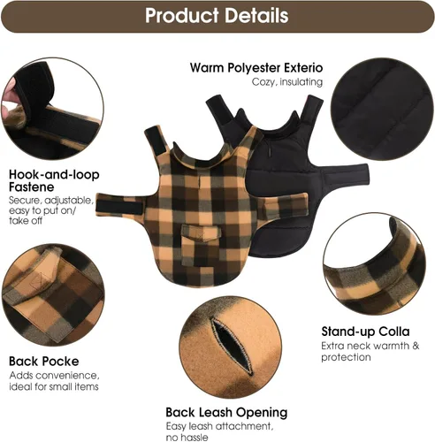 Miniatura 3 de ASENKU Chaqueta de invierno para perro, chaleco reversible a cuadros, abrigo impermeable para clima frío, perfecto para perros pequeños a grandes