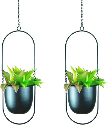 Miniatura 8 de Macetas colgantes modernas para plantas de interior, colgador de plantas de metal con macetas de 5 pulgadas, juego de 2 soportes negros ovalados
