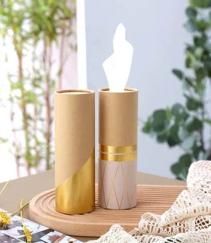 Miniatura 4 de Soporte para pañuelos de coche con pañuelos faciales de 3 capas a granel – 4 unidades – Cilindro de papel de papel de aluminio dorado