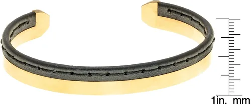 Miniatura 3 de Metro Jewelry Brazalete abierto de acero inoxidable dorado y cuero genuino cosido para hombre, 0.394 in, 8.5 pulgadas de largo, Metal, No es una