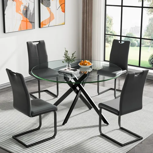 Miniatura 43 de Juego de mesa de comedor redonda de 3 piezas para 2, mesa de cocina moderna de vidrio plateado y sillas para 2 con sillas tapizadas, juego de mesa