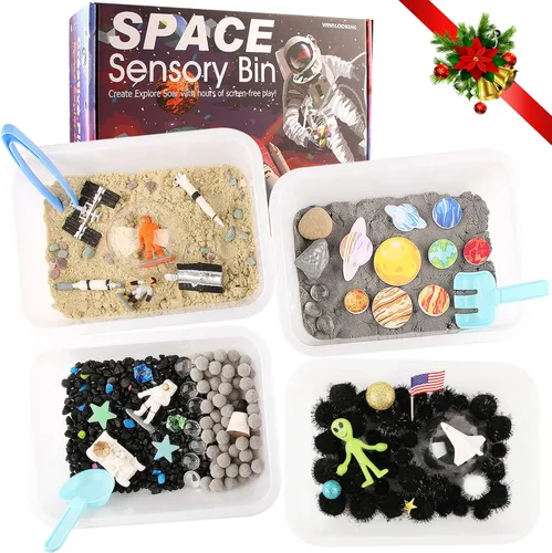Relleno de cubo sensorial con temática espacial, juguetes de planeta para niños, sistema solar del universo para niños autistas, astronautas