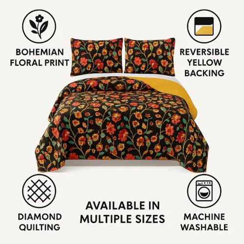 Miniatura 2 de DaDa Bedding Collection Marigold's Elegant Autumn Garden - Juego de colcha reversible acolchada – Brillante vibrante floral multicolor sólido