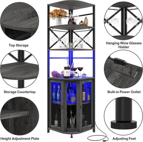 Miniatura 6 de Gabinete de bar de vino con toma de corriente, gabinete de vino industrial de 6 niveles con luz LED y soporte para vidrio, gabinete de barra de Gris