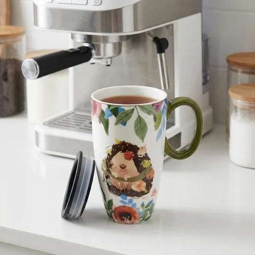 Miniatura 3 de Taza de viaje de cerámica con tapa, tazas de café altas con asa, taza de café y té de porcelana, bonito diseño de erizo, regalos de cumpleaños