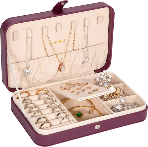 LANDICI - Caja de joyería pequeña para mujeres y niñas, estuche organizador de joyería de viaje de cuero PU, soporte portátil para almacenamiento de