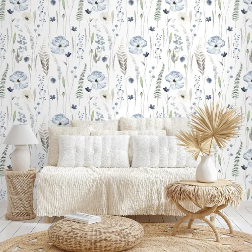 Miniatura 2 de VEELIKE Papel tapiz floral azul de acuarela para despegar y pegar, papel tapiz botánico de helecho bohemio para dormitorio, baño, guardería, 17.7 x
