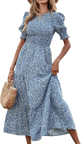 BTFBM Vestidos para mujer, cuello redondo, casual, de verano, con volantes, manga corta, bohemio, con niveles, fruncido, largo, con estampado floral