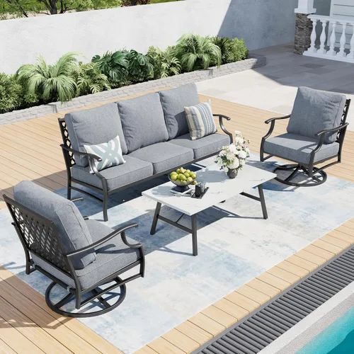 Miniatura 13 de SUNSHINE VALLEY Juego de muebles de patio, 4 piezas de muebles modernos de metal para exteriores, sofá de 3 plazas, 2 sillas mecedoras, mesa