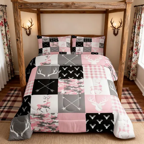 Miniatura 126 de Juego de edredón de cuernos de ciervo tamaño individual, juego de ropa de cama rústica de granja con huellas de oso y pinos para decoración