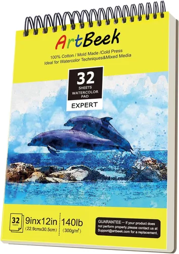 ArtBeek Bloc de acuarela de 9 x 12 pulgadas, 32 hojas (140 libras/10.58 oz/m²), papel de acuarela 100% algodón, prensado en frío, sin ácidos, bloc
