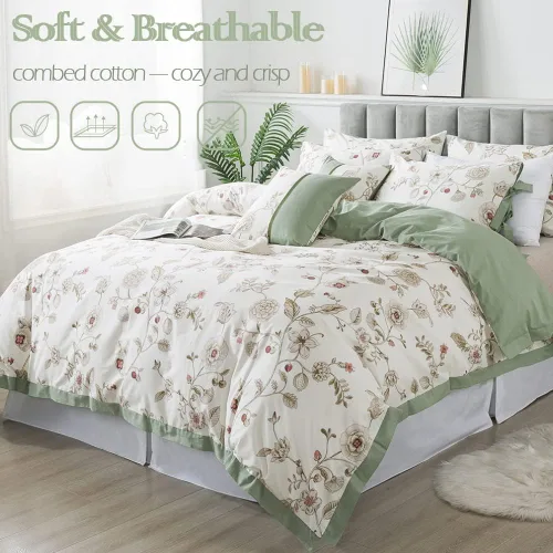 Miniatura 6 de FADFAY Juego de ropa de cama de 7 piezas, 100% algodón, diseño floral beige, tamaño Queen + funda de edredón, ropa de cama completa con flores rosas