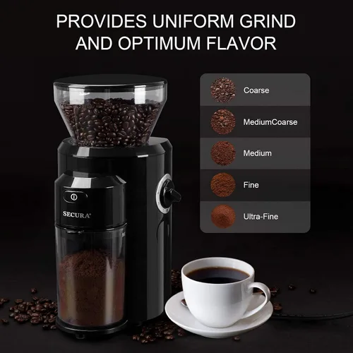 Miniatura 4 de Secura Molinillo de café de rebabas cónicas, molinillo de café eléctrico con 18 ajustes de molienda, molinillo de granos de café ajustable para 2-10