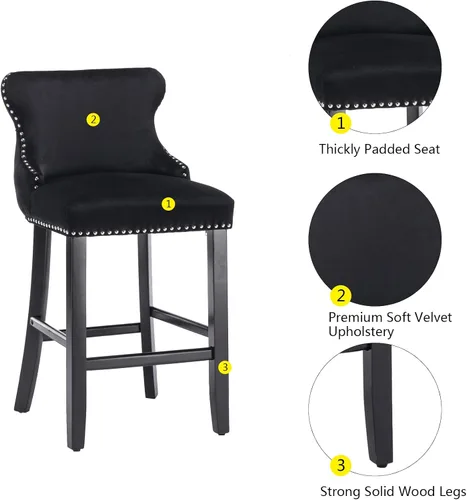Miniatura 7 de mikibama Juego de 2 taburetes de bar de terciopelo con respaldo de ala, sillas de bar tapizadas con botones capitoné con altura de mostrador