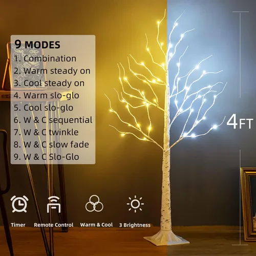 Miniatura 5 de Árbol de abedul iluminado, 48 luces LED de abedul para interiores y exteriores, luz de árbol de ramita artificial de 9 modos, temporizador