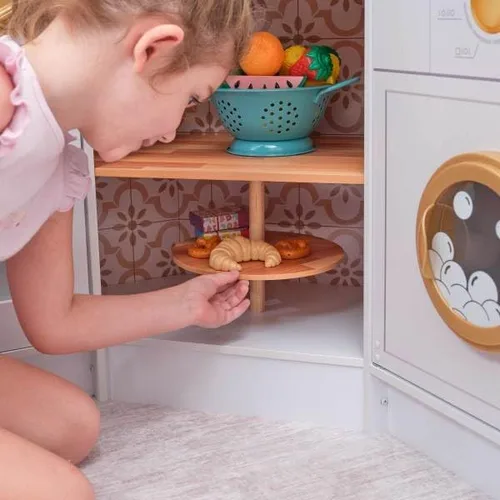 Miniatura 6 de KidKraft Ultimate - Cocina de esquina de madera con luces y sonidos, teléfono de juego y cortinas, blanco Lazy Susan, cortinas, se adapta a dos