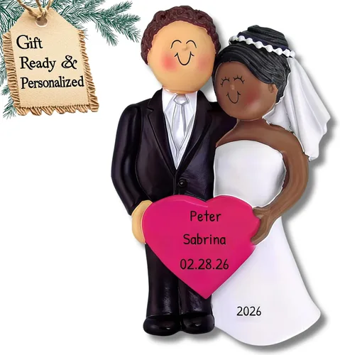 Miniatura 15 de Adorno personalizado de casado de nuestra primera Navidad 2025 Nombre y año personalizados Recuerdo de boda rubia de novia y novio morena Boda