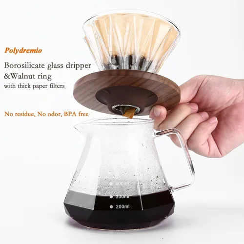 Miniatura 4 de Cafetera de Café con Filtro de Papel, 20 oz, Jarra de Vidrio de Borosilicato con 100 Filtros Tamaño 02, Mango de Nogal y Tapa de Vidrio, 600 ml