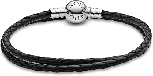 Miniatura 2 de PANDORA Pulsera de plata de ley con colgante de cuero negro
