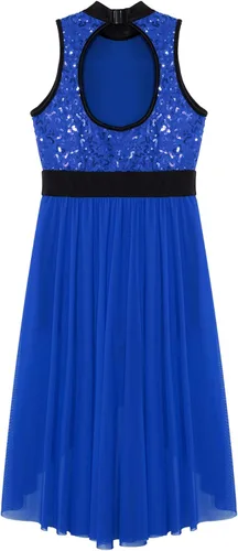 Miniatura 6 de TiaoBug Vestido de baile de ballet lírico con lentejuelas para niñas, falda alta y baja, disfraz de salón moderno y contemporáneo de jazz latino