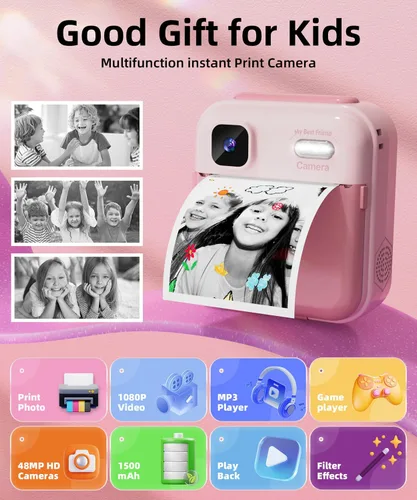 Miniatura 2 de Cámara de impresión instantánea para niños y niñas, cámaras HD de 48 MP con video de 1080P, papel de impresión, tarjeta de 32 GB, cepillo, regalos
