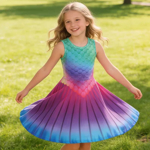 Miniatura 6 de Funnycokid Vestido de Sirena para Niñas, Sin Mangas, de Verano, para Cumpleaños, de Fiesta con Volantes, Ropa de 4 a 13 Años
