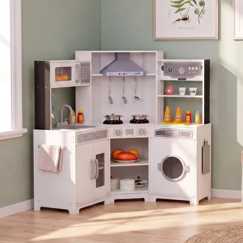 MAMIZO Cocina de juego de esquina para niños, cocina de juguete de simulación de madera, juego de cocina grande con lavadora, campana extractora con