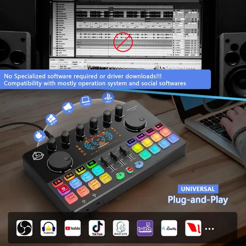 Miniatura 6 de Paquete de equipo de podcast para 2, mezclador de DJ de interfaz de audio con micrófono condensador XLR de 48 V, RGB, cambio de voz, para HS-M100-2X