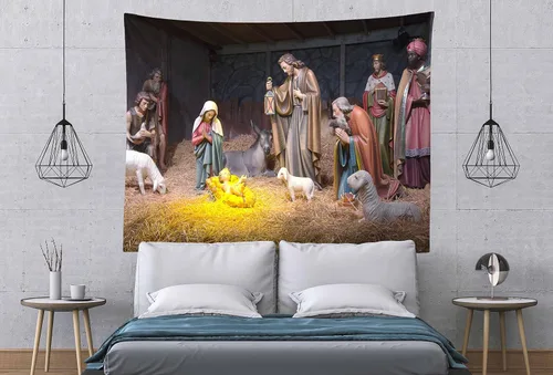 Miniatura 3 de Loccor Tapiz de Navidad Escena del Nacimiento Pesebre Escena del Nacimiento del Bebé Jesús Tapiz para Colgar en la Pared Tapestries Religiosos