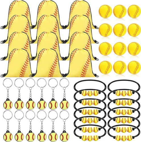 Miniatura 8 de Poen 48 piezas de recuerdos de fiesta de béisbol incluyen 12 mochilas con cordón, 12 mini pelotas de béisbol, 12 llaveros, 12 pulseras trenzadas