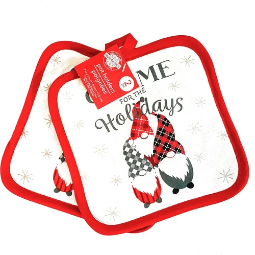 Miniatura 4 de Greenbrier Gnomos internacionales para las fiestas. Juego de cocina de Navidad de 5 piezas. 2 toallas de cocina, 2 soportes para ollas y 1 guante